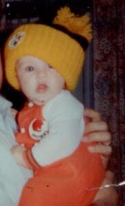 Baby Jamie Marich in a Steelers beanie cap.
