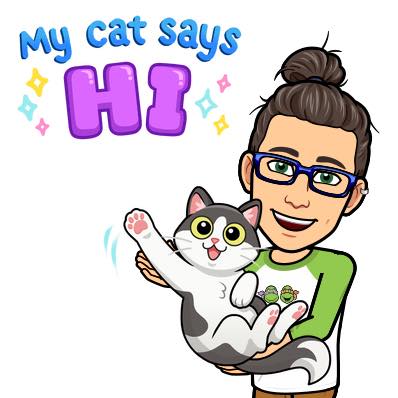 ID: Bitmoji of LS holding a grey and white tabby. His shirt has the faces of the "Teenage Mutant Ninja Turtles" cartoon (1980s). The words say, "My cat says Hi"
