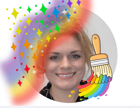 image of Sam Bergstein with whimsical and creative rainbows and a paint brush