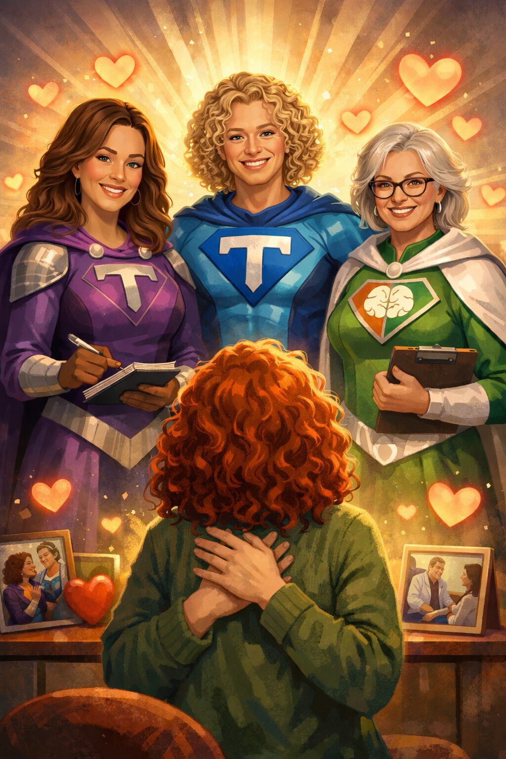 Illustrated scene of three smiling, middle-aged women dressed as friendly superheroes standing in a warm, glowing backdrop filled with hearts. Each wears a cape and emblem and holds a notebook or clipboard, suggesting care or guidance. In the foreground, a person with curly red hair faces them with hands over their chest in a gesture of gratitude. Framed photos of caring moments sit nearby, reinforcing a theme of support, love, and appreciation.