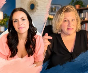 Two women sit indoors facing the camera during a vitual interview, each in a different room divided by a painted line effect. Brittany on the left has long dark hair and wears pink; Jamie on the right has short blonde hair and wears black.