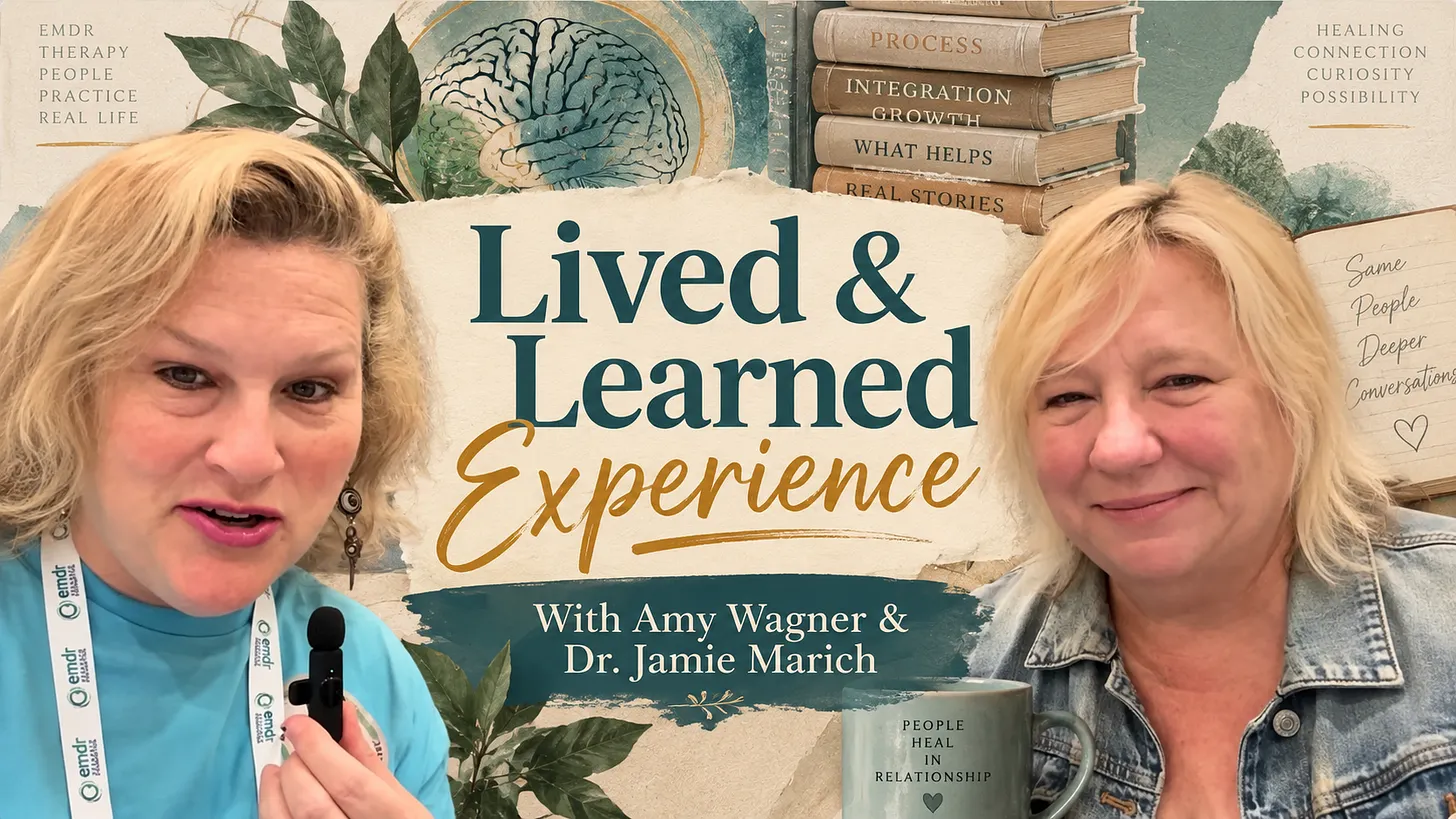 Two women, Jamie on the left in a blue shirt and Amy on the right in a denim jacket . Jamie holds a microphone beside the title “Lived & Learned Experience,” with their names and books on healing and therapy